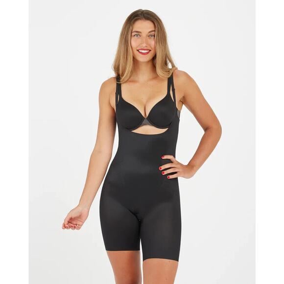 Spanx NWT Thinstincts 2.0 Open-Bust Mid-Thigh Bodysuit Black 10235 Size M (184) - Picture 1 of 8